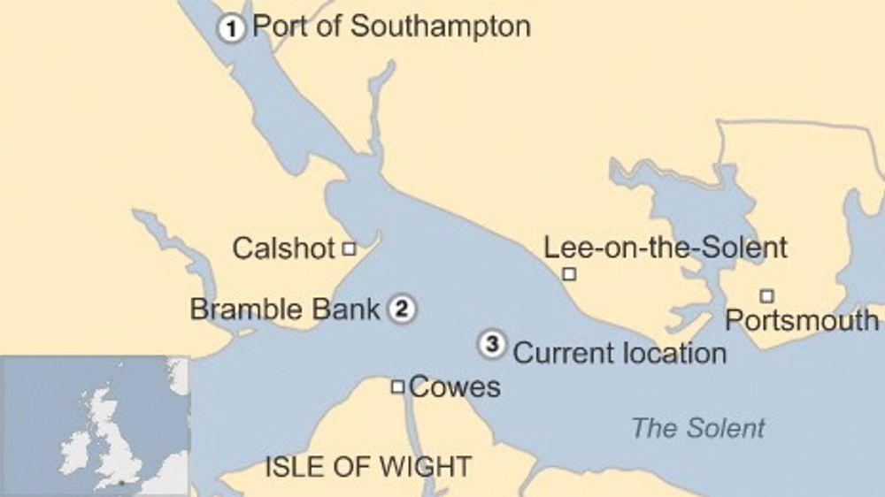 Kart som viserhvor Höegh Osaka startet sin tur 3. januar (1) og Bramble Bank der kapteinen bevisst grunnstøtte skipet (2) og Alpha Anchorage (3) der skipet ble tauet for ikke å forstyrre skipstrafikken til Southampton. 