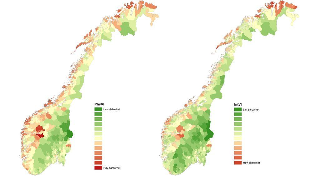 Kartet til venstre er basert på den fysiske sårbarhetsindeksen. Det viser hvor utsatt norske kommuner er for flom, skred og storm. Til høyre er den fysiske og den sosiale sårbarhetsindeksen kombinert. Kartet viser hvor sårbar befolkningen i kommunene er for voldsomme naturhendelser.