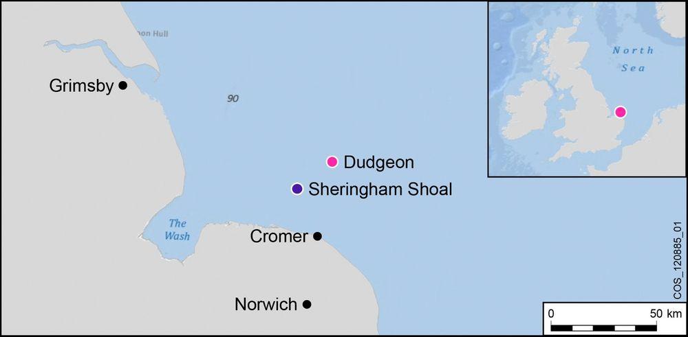 Kartet viser at det kun blir 20 kilometer mellom havvindparkene Dudgeon og Sheringham Shoal. KART: Statoil
