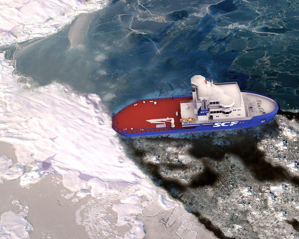 SØL: Skipet kan beveges sidelengs og samle opp olje i isbealgte farvann. Det får tre rorpropeller som gir gode manøvreringsegenskaper.