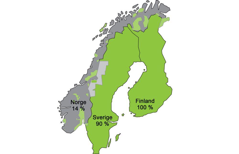 Kartet viser dekningen av geologien med høyoppløselige data. Norge har bare kartlagt 14 prosent av sine landområder (økes til 21% i år) og har fokusert mer på sokkelen. Sverige har 90 prosent og Finland 100 prosent dekning av geologien med høyoppløselige data.