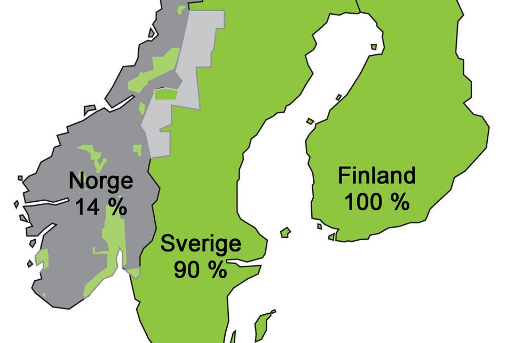 Kartet viser dekningen av geologien med høyoppløselige data. Norge har bare kartlagt 14 prosent av sine landområder (økes til 21% i år) og har fokusert mer på sokkelen. Sverige har 90 prosent og Finland 100 prosent dekning av geologien med høyoppløselige data.