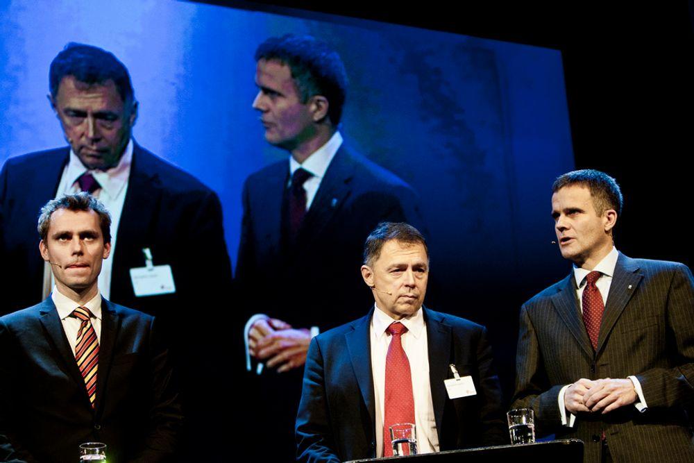 IEA advarer mer konkret enn noen gang om at verden er på god vei mot et lite bærekraftig energiscenario. Fra venstre: Ola Borten Moe, Richard Jones og Helge Lund.