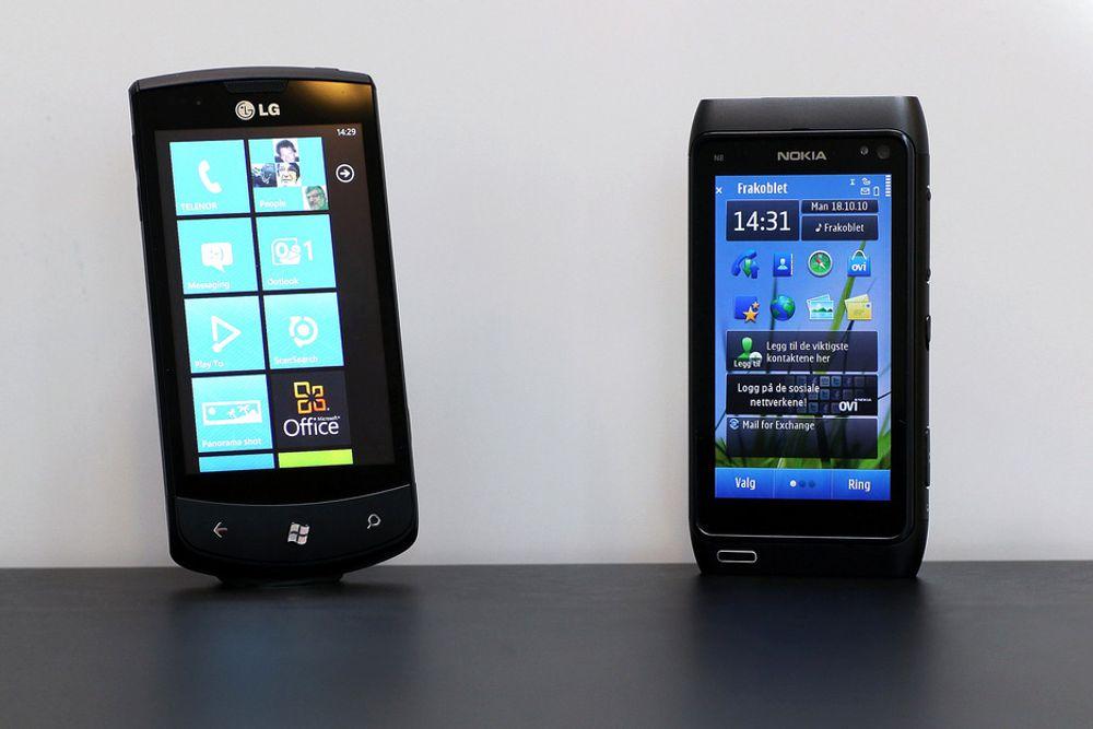 LG E900 (til venstre) og Nokia N8 er blant frontfigurene for de to nye mobiloperativsystemene Windows Phone 7 og Symbian^3.