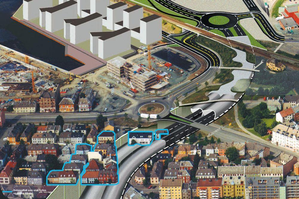 MYE LØSMASSE: 500 meter ny firefelts E6 skal bygges på Møllenberg. 300 meter av dette er løsmassetunnel. Med NCCs løsning kan seks av de 12 husene markert i blått bli stående.