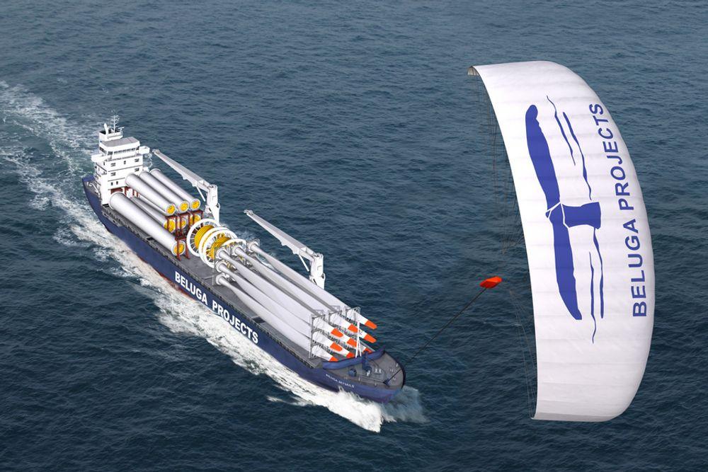 FØRST OG STØRST: Beluga er det første skipet bortsett fra testfartøyer som tar kiten i bruk. Beluga ble døpt i Hambrug 15.desember. Skipet er på drøyt 6000 bruttotonn. Illustrasjonen er en dataanimasjon.