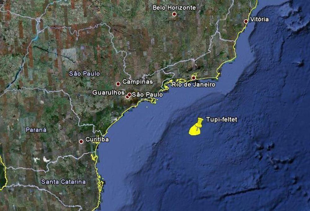 EN OLJEGIGANT: Tupi-feltet utenfor kysten av Brasil kan inneholde like mye som Norges anntatt samlede utvinnbare oljereserver. Hele området rundt vil bety mye for verdens energiforsyning. Feltet er avtegnet noe større enn virkelig utstrekning.