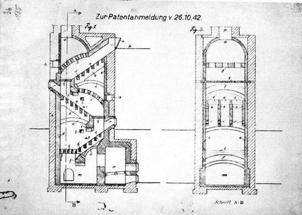 SKREKKMASKIN: Den groteske patentskissen for "kontinuerlig arbeidende likforbrenningsovner for stordrift", levert fra Topf & Söhne i oktober 1942. Anlegget ble imidlertid aldri bygget.