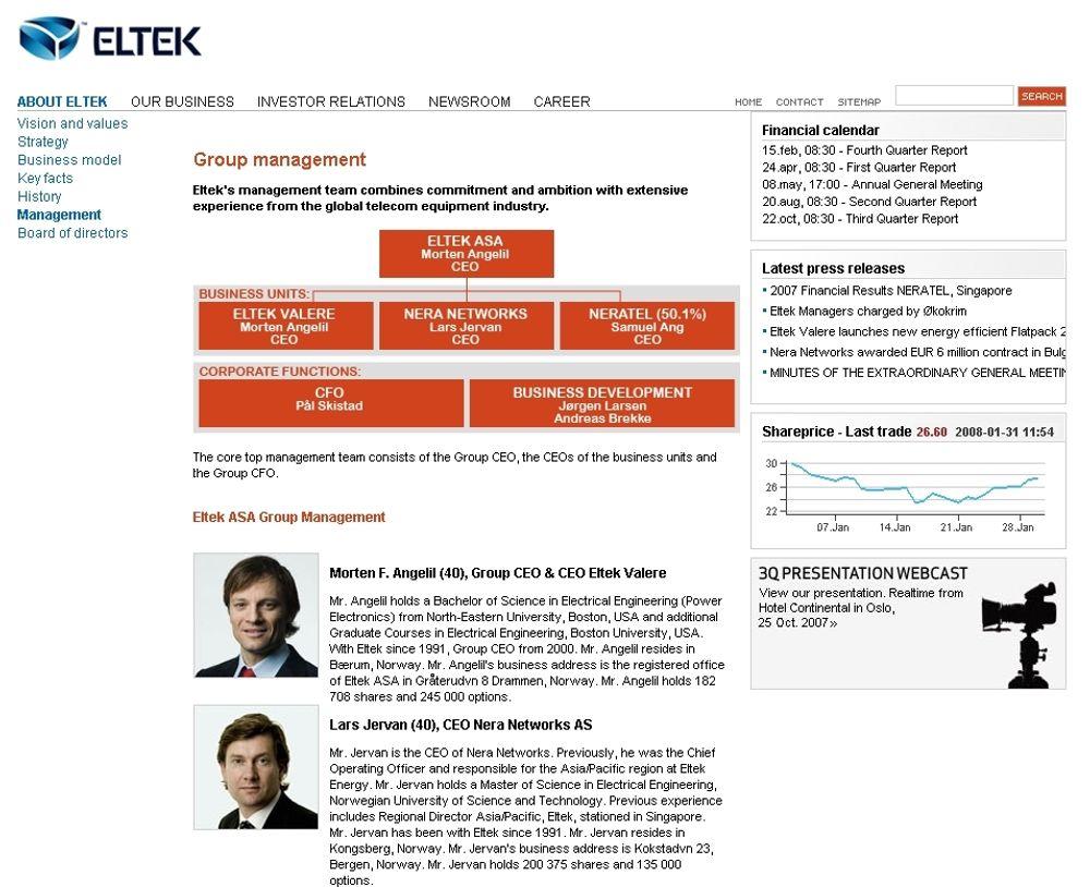 TOPPENE: Morten Angelli og Lars Jervan presenteres på Elteks hjemmesider sammen med resten av ledelsen.