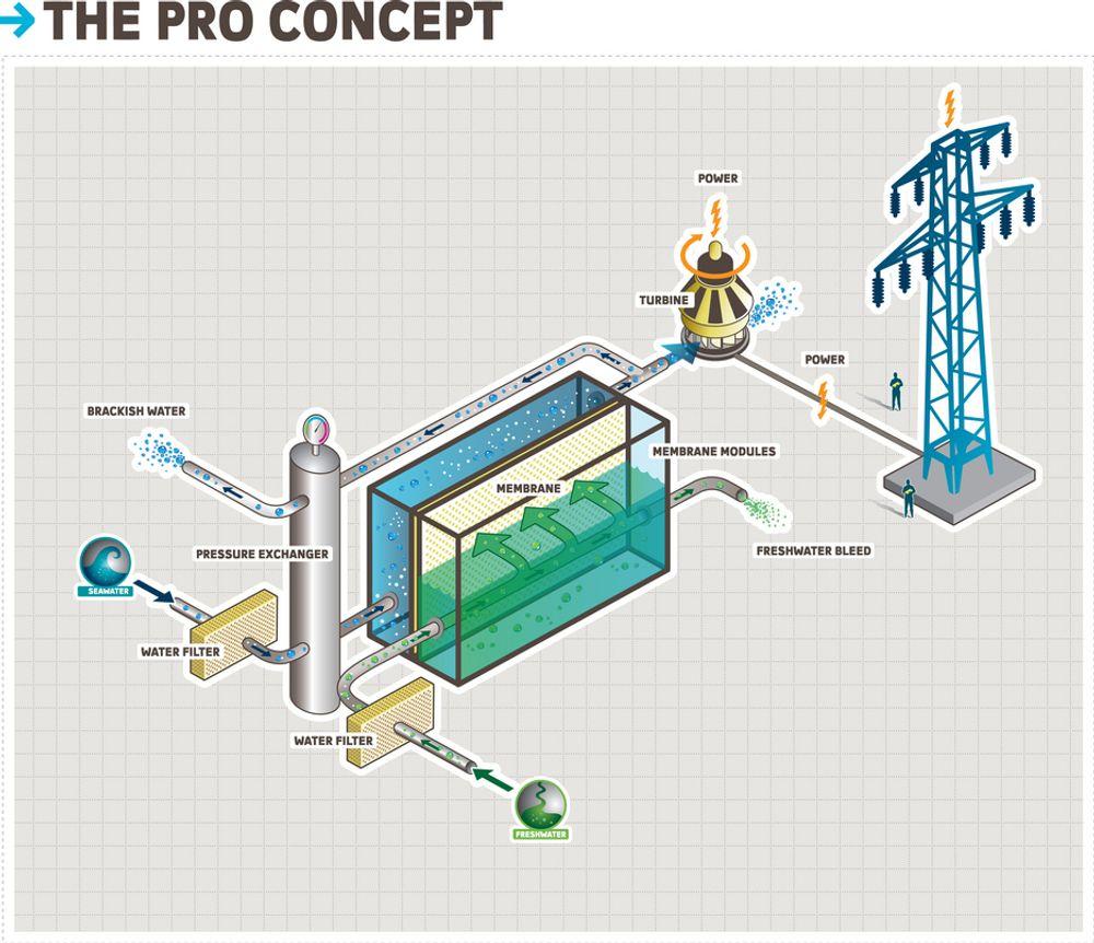 SALTKRAFT:
Et saltkraftverk kan produsere elektrisk strøm ved å utnytte det osmotise trykket mellom saltvann og ferskvann som vi finner i elveutløp