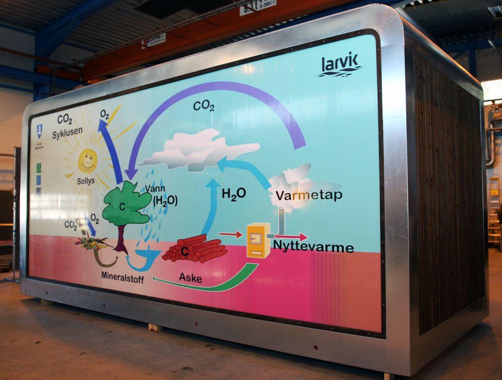 AGI har brukt mye ressurser på designen av de nye "varmeboksene" sine. Denne skal til en skole i Larvik og er dekorert med hele CO2-kretsløpet.