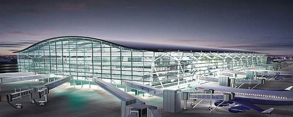 KJEMPESTOR: Terminal fem på Heathrow er 40 meter høy, 396 meter lang og 176 meter bred. Hver av de fem etasjene har et areal på størrelse med ti fotballbaner.