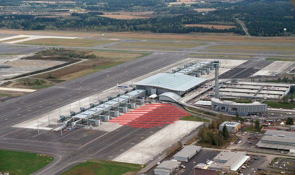 Her, vest for dagens terminalbygg, skal den nye terminalen på Oslo lufthavn Gardermoen bygges. Nøyaktig plassering og utforming av T2 blir først klart mot slutten av 2008.