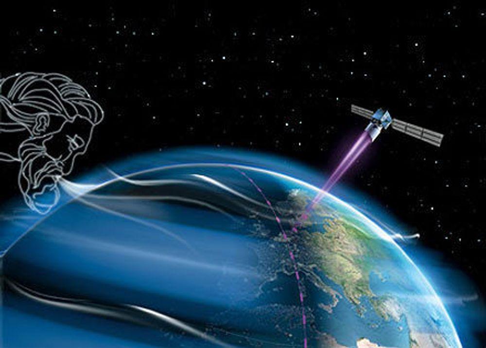 MÅLER VINDEN: Satelitten ADM-Aeoulus skal skytes opp i 2009 med en meget avansert laser for å måle vindhastighet og aerosoler i forskjellige høyder. Illustrasjon: ESA.