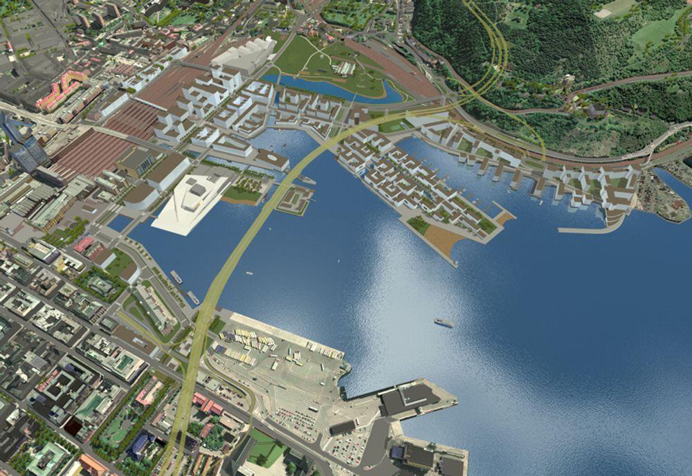 BJØRVIKA: Veisystemene i Oslo ved Bjørvika tegnes i 3D.