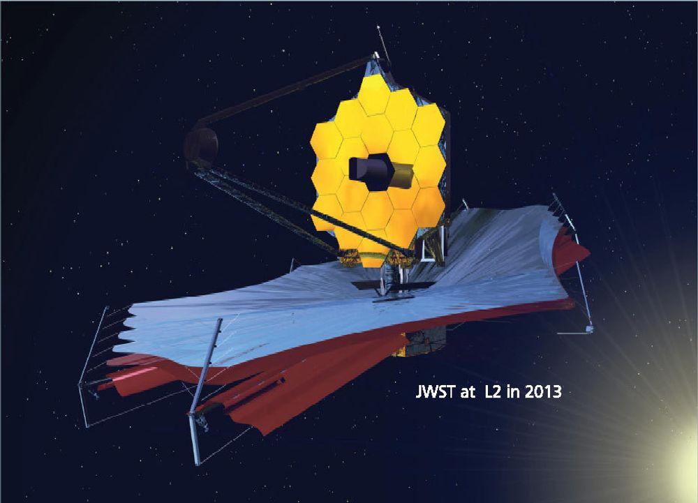 SOL-NETT: Sett ovenfra ser JWSTs solskjermer, som er strukket ut på undersiden av speilet (gult), ut som et stort edderkoppnett.