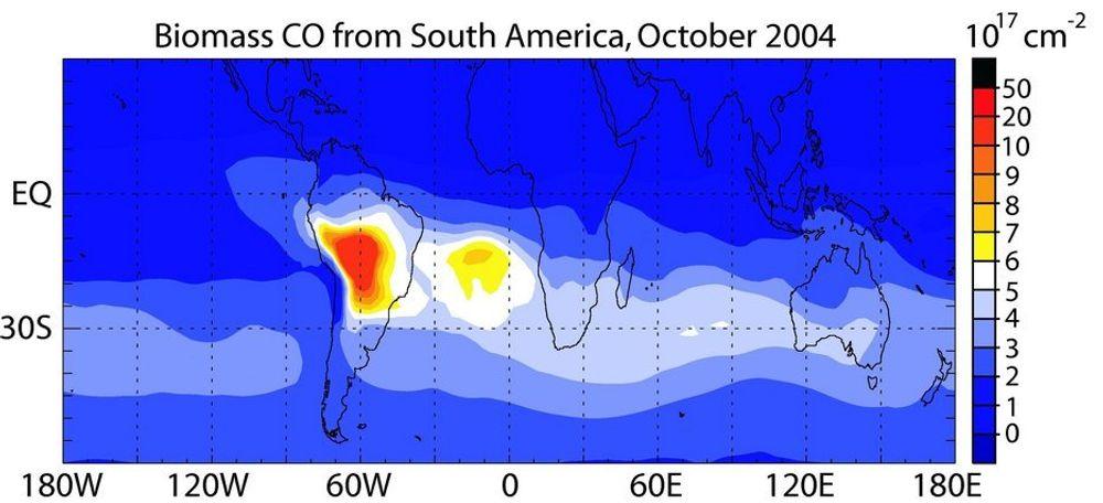 DRIVER LANGT: Denne simuleringen viser tydelig hvordan karbonmoksid forflytter seg: Fra en brann i Sør-Amerika, over sørlige deler av Afrika og hele veien til Australia.