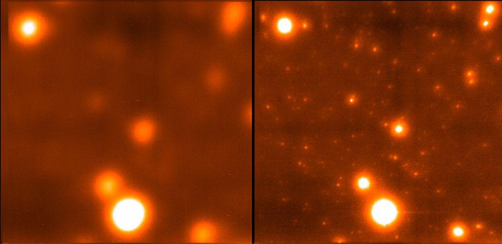 STJERNEKLART: Messier-3 (M3) er en stjernehop ca 30.000 lysår unna Jorden. "Lucky"-systemet (t.h.) gir et så detaljert bilde at du kan skjelne mellom stjerner som er svært tett inntil hverandre.