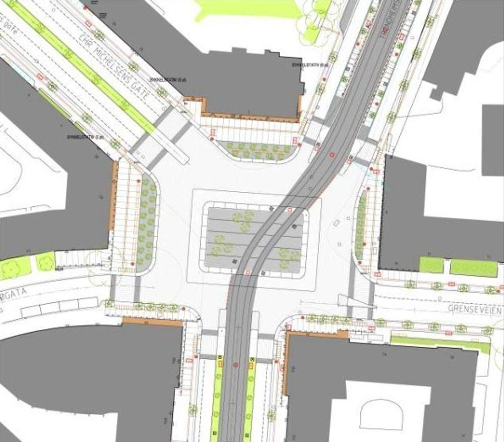 STORT PROSJEKT: Sweco Grøner har hatt som oppgave å se på trafikkavvikling  og fremkommelighet både over og under bakken ved nye Carl Berners plass, som er basert på en rektangulær sirkulasjonsplass.
