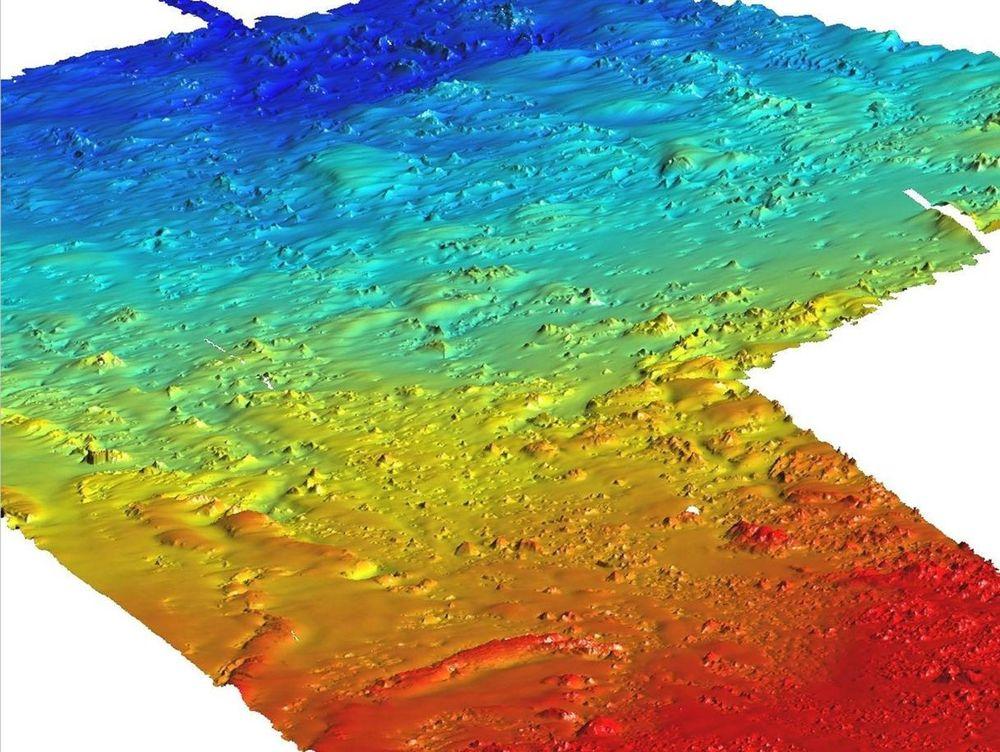 ORMEN LANGE: Bildet viser de behandlede data fra kartleggingen av Storeggaraset. Dybdene i bildet varierer fra 250 til 850 meter. Ill: Marine Surveys  Norsk Hydro