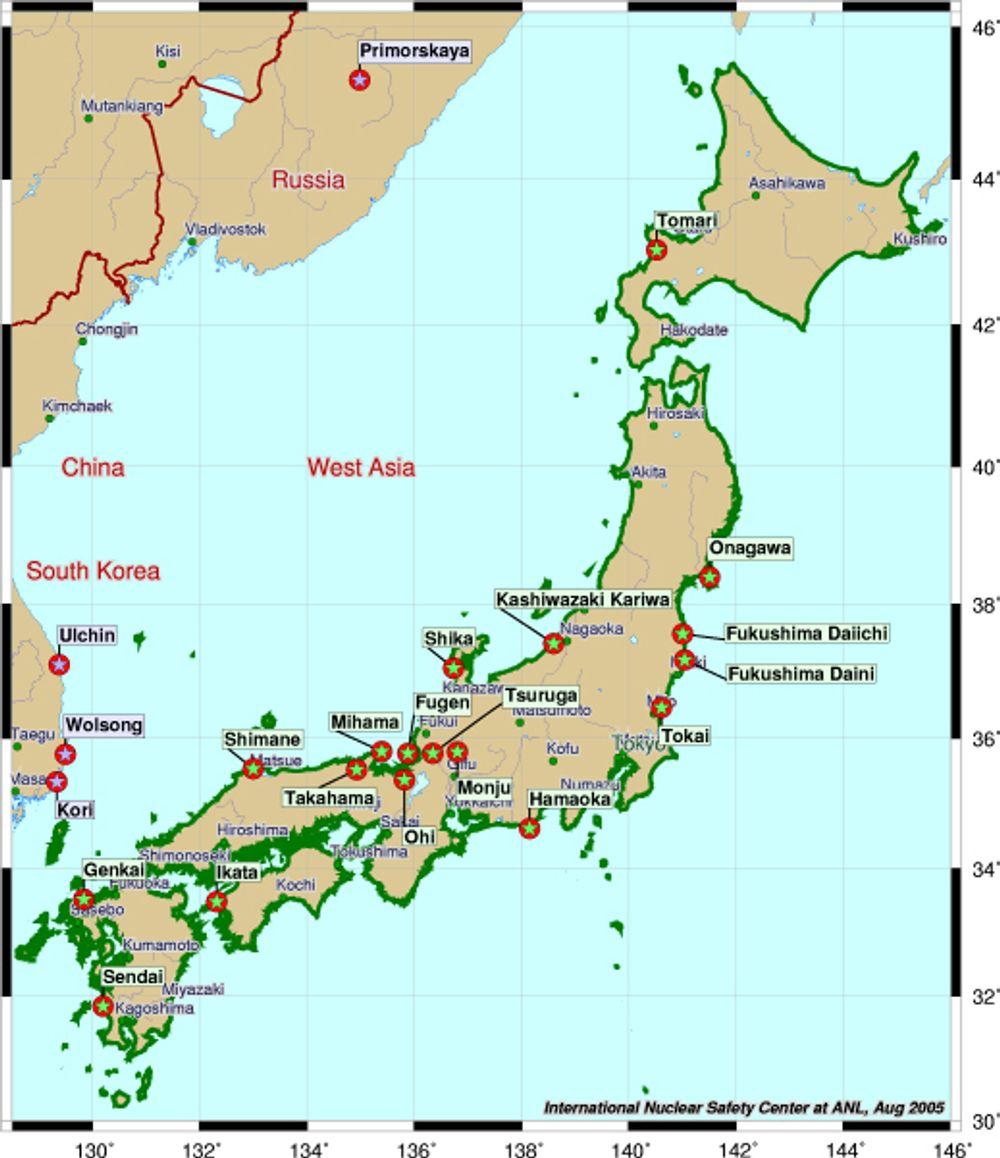 Kartet viser kjernekraftverkene i Japan. Kashiwazaki Kariwa er det nest nordligste på vestkysten av Japan - og et av verdens største.