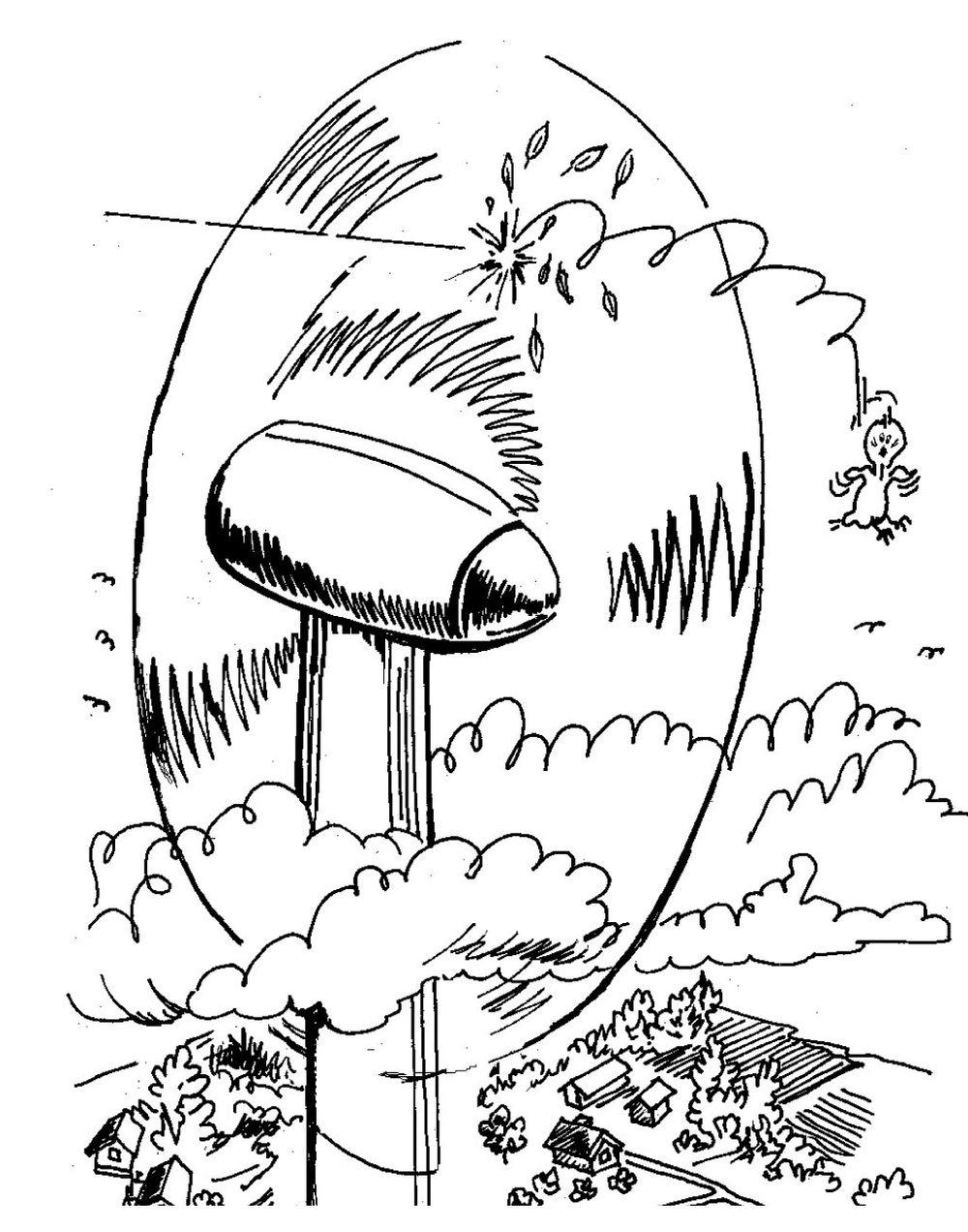 MYTE: Turbinbladene på et vindkraftanlegg  går svært sakte rundt. Det blir dermed ikke riktig så dramatisk som denne fuglen opplever det. NVE bruker denne illustrasjone for å avlive fuglemyten.