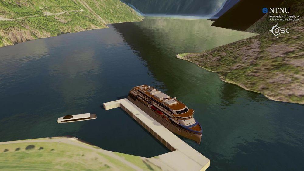 En illustrasjon hentet fra forskningsprosjektet SUSTRANS der et cruiseskip ligger til kai på Hellesylt og en nullutslippsbåt er klar for avgang.