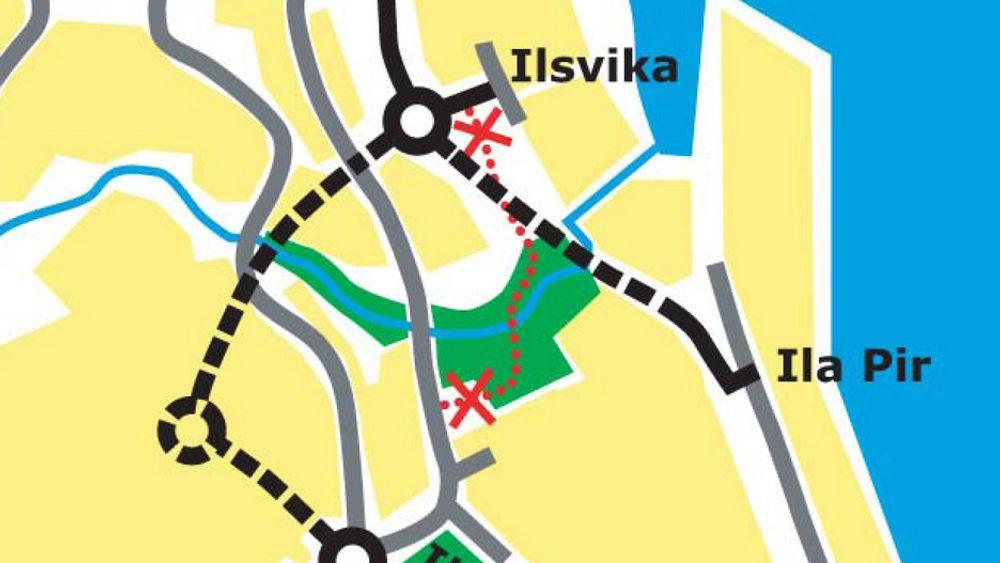 De stiplete linjene viser tunneler som er i bruk. Linjen mellom Ilsvika og Ila Pir er en betongkulvert som ble åpnet noen uker før Steinbergtunnelen. (Ill.: Statens vegvesen.)