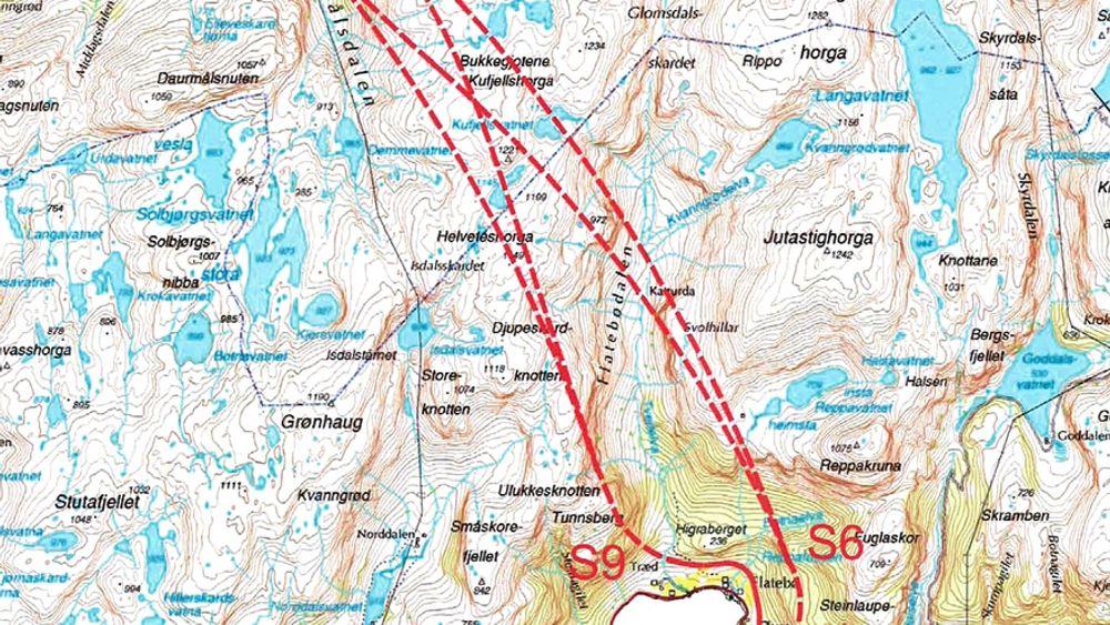 Kartet viser flere aktuelle alternativer for Jondalstunnelen. Det som ble valgt, går mellom S 6 og N 2. Tunnelen blir 9,8 km lang, Norges lengste fylkesvegtunnel.