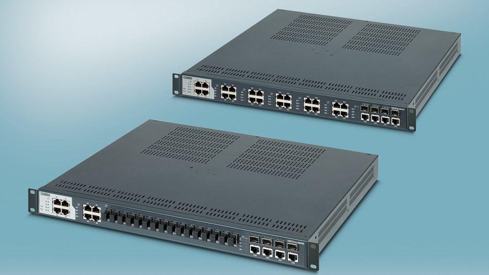 Kompakt 28-porters Ethernet-switch for 19-tommers skap med industrielle spesifikasjoner. 