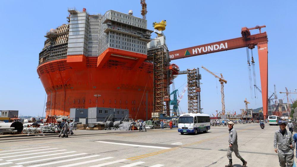 Hyundai Heavy Industries offshoreverft i Ulsan, Sør-Korea. Goliat FPSO står i H-dokken, der det i forrige uke skjedde en dødsulykke.