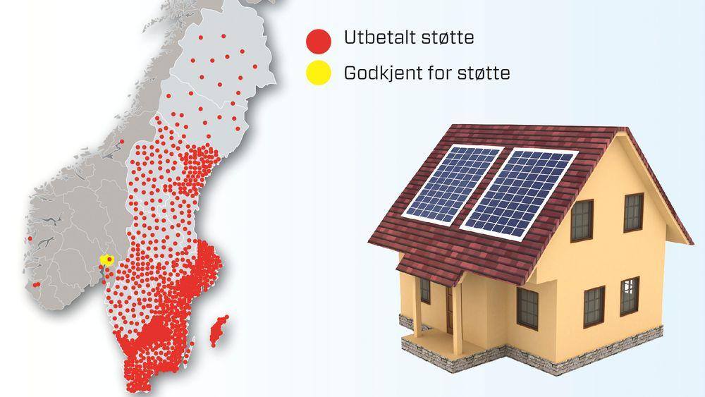 Sped start: Etter drøye fem måneder har 14 nordmenn fått utbetalt offentlig støtte til å installere solcelleanlegg på boligen. I Sverige, som har gitt støtten til solcelleanlegg siden 2009, har 2 240 boligeiere søkt og fått støtte. Solenergiforeningen mener det norske støttenivået er for lavt. 