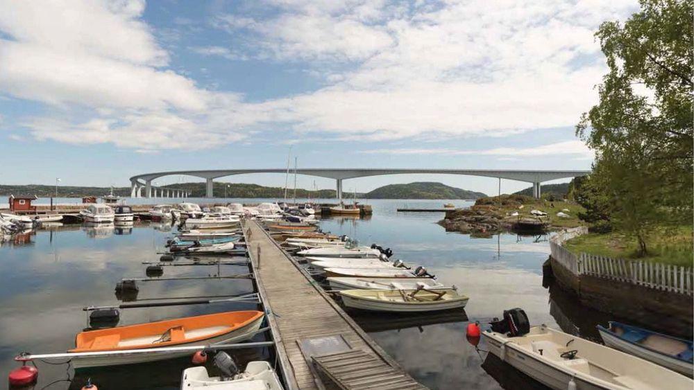 Ett av forslagene til ny kryssing av Oslofjorden: En fritt frambyggbru mellom Røyken og Frogn.