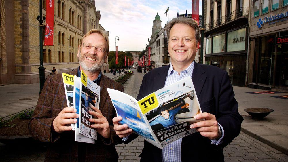 Feiring i paradegata: Redaktør Tormod Haugstad og administrende direktør Jan Moberg smilte bredt da de nye lesertallene kom.