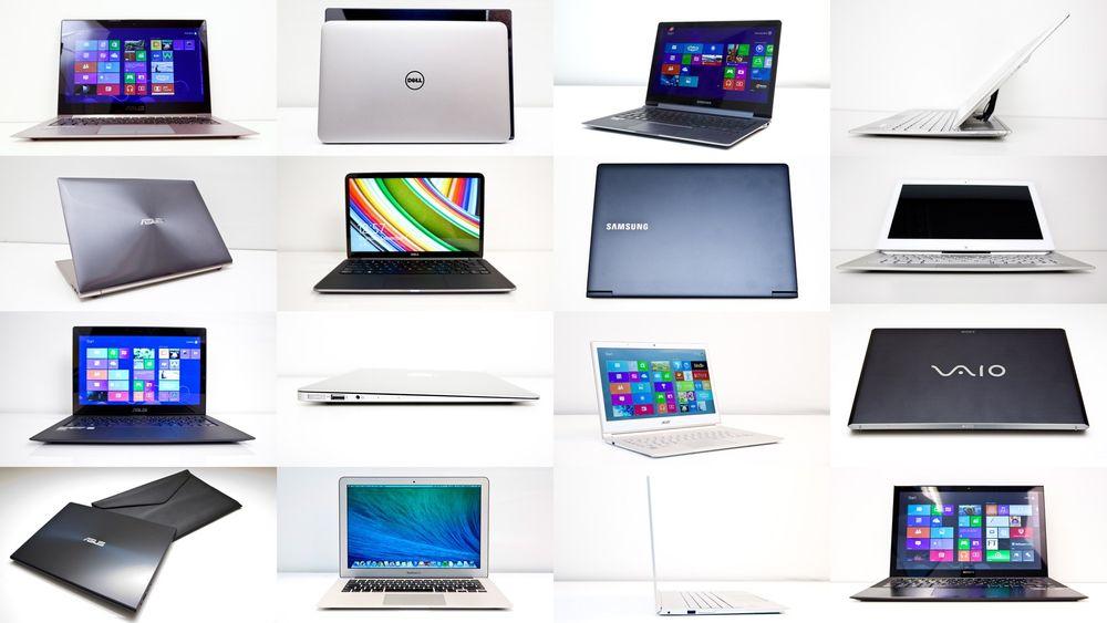 Fra venstre øverst og rundt med klokka: Acer UX31LA, Dell XPS 13, Samsung Ativ Book 9 Plus, Sony Vaio Duo 13, Sony Vaio Pro 13, Acer Aspire S7, Macbook Air 13 og Asus UX301LA. 