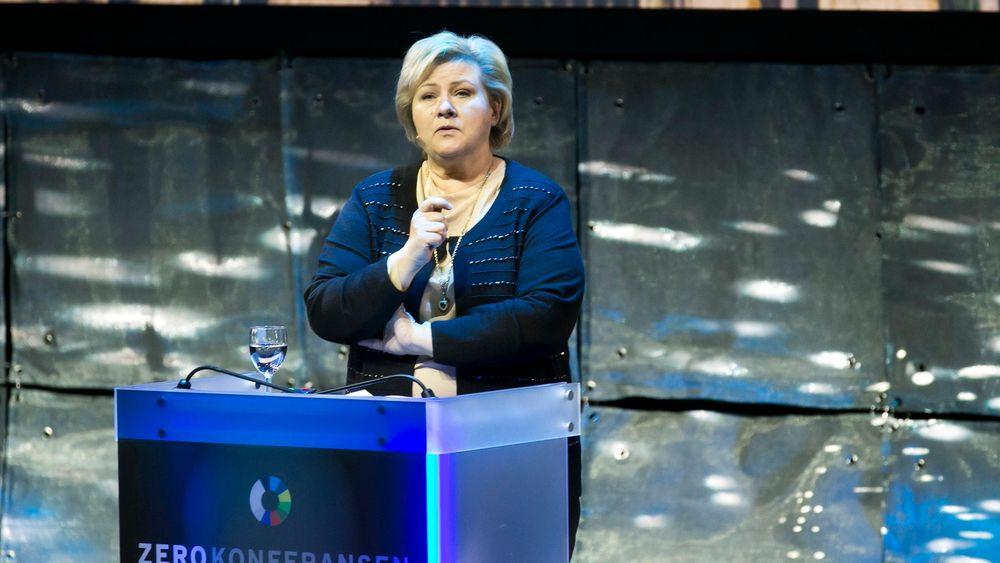 Statsminister Erna Solberg snakket om regjeringens klimapolitikk under Zerokonferansen i Folketeatret i Oslo tirsdag. 