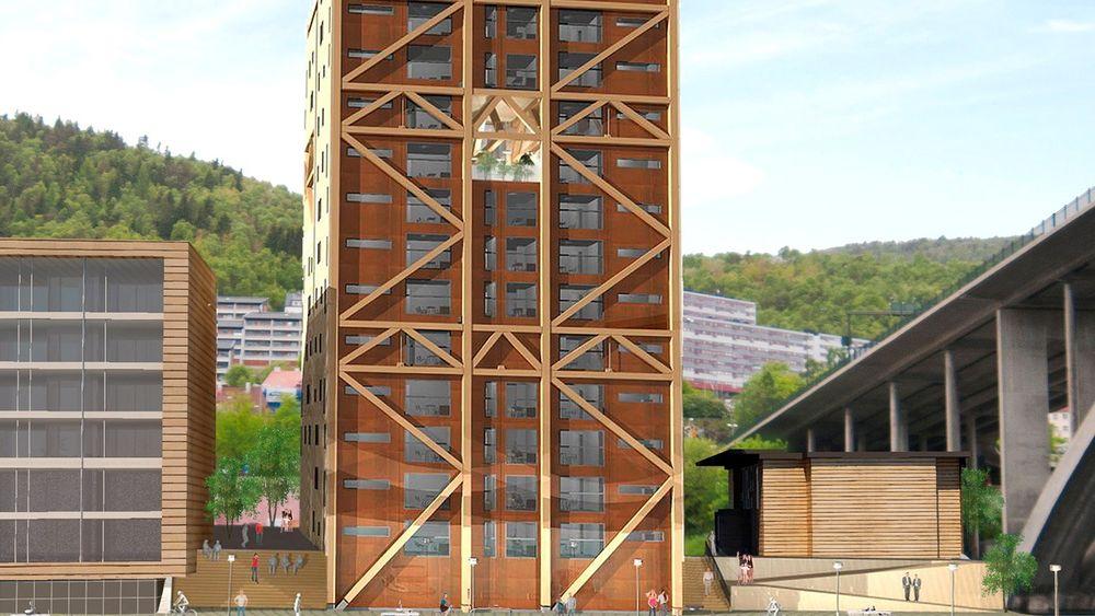 Innovasjon Norge og Norske arkitekters landsforbund vil støtte utbyggere som vil bygge i tre i stedet for stål og betong. Her den nye treblokken i Bergen som ligger an til å bli verdens høyeste. 