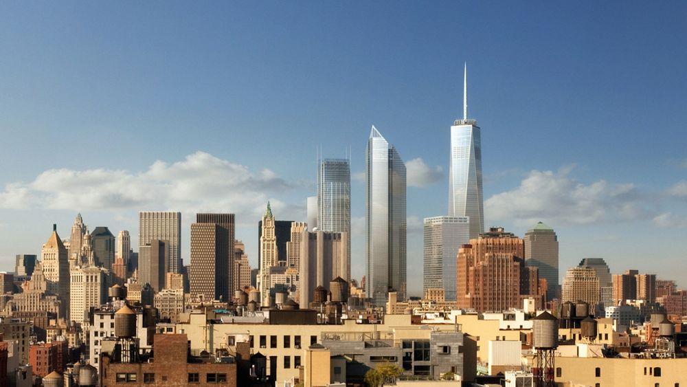 FREMTIDSVISJON: Omtrent slik vil nedre Manhattans skyline se ut fra Brooklyn i 2014. Hvis man regner med spiret, blir One World Trade Center USAs høyeste skyskraper. På midten tar bygningen form av et oktogon.