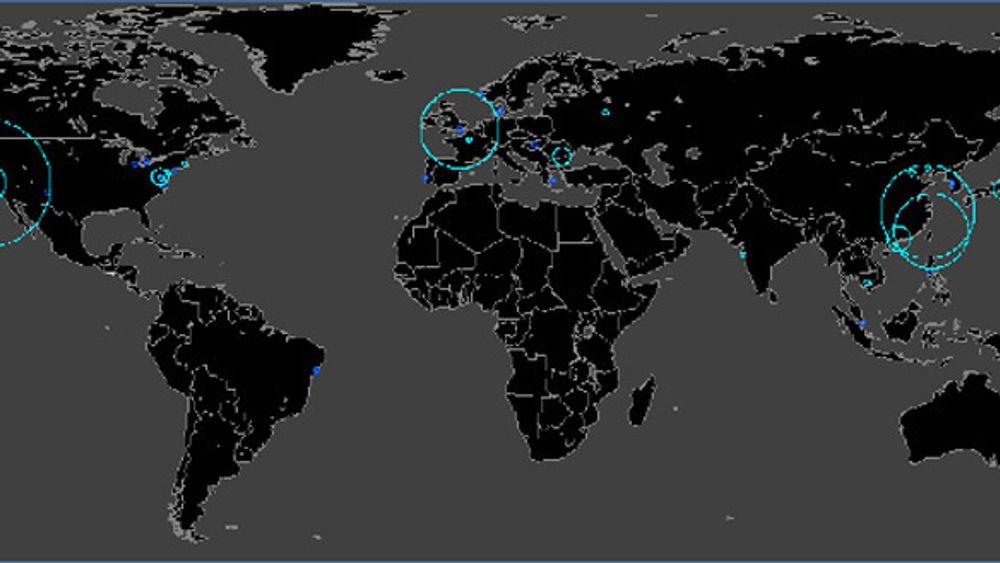 Symantecs kart over målrettede dataangrep mot bedrifter. Shaoxing i Kina er byen med flest slike.