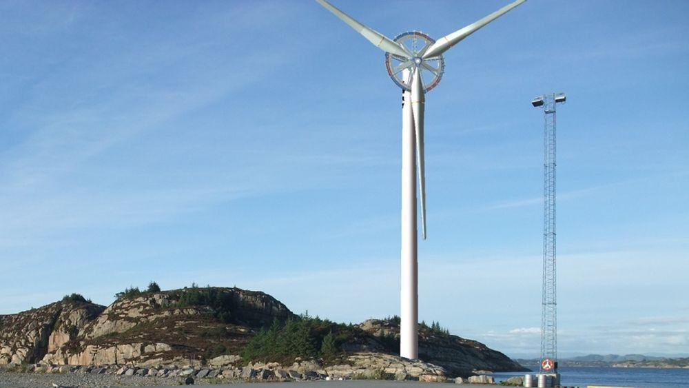 KJEMPETURBINEN: Dette er Sways skisse av kjempeturbinen på 10 megawatt som skal testes ut i Øygarden utenfor Bergen og siden til havs. Om 3-4 år kan den være kommersiell, mener Sway.