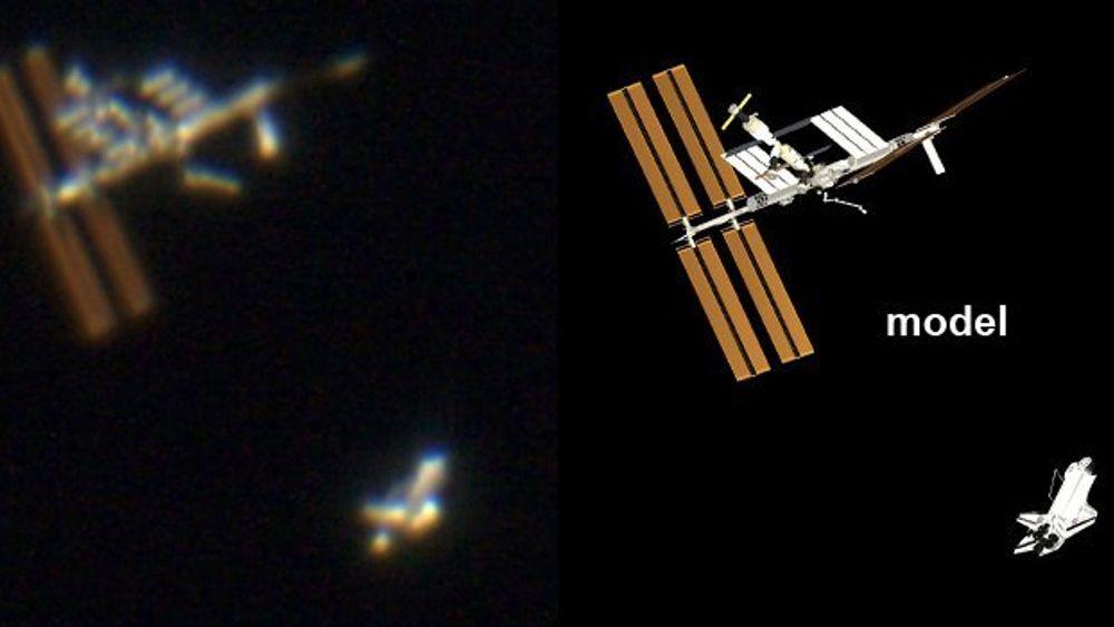 ISS og Atlantis fotografret gjennom et teleskop i helgen.