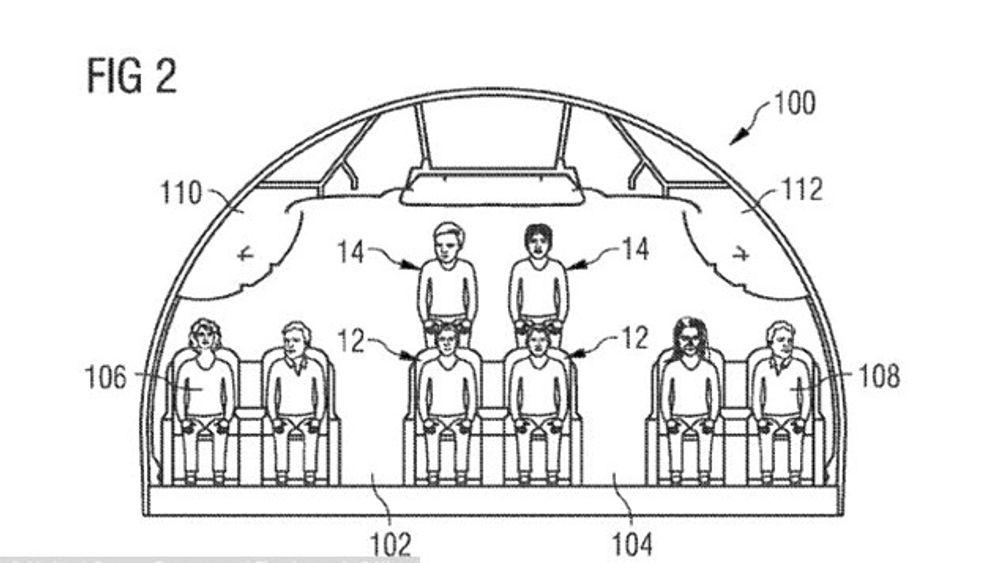 Bildene fra patentsøknaden viser at passasjerene kan bli sittende i høyden.