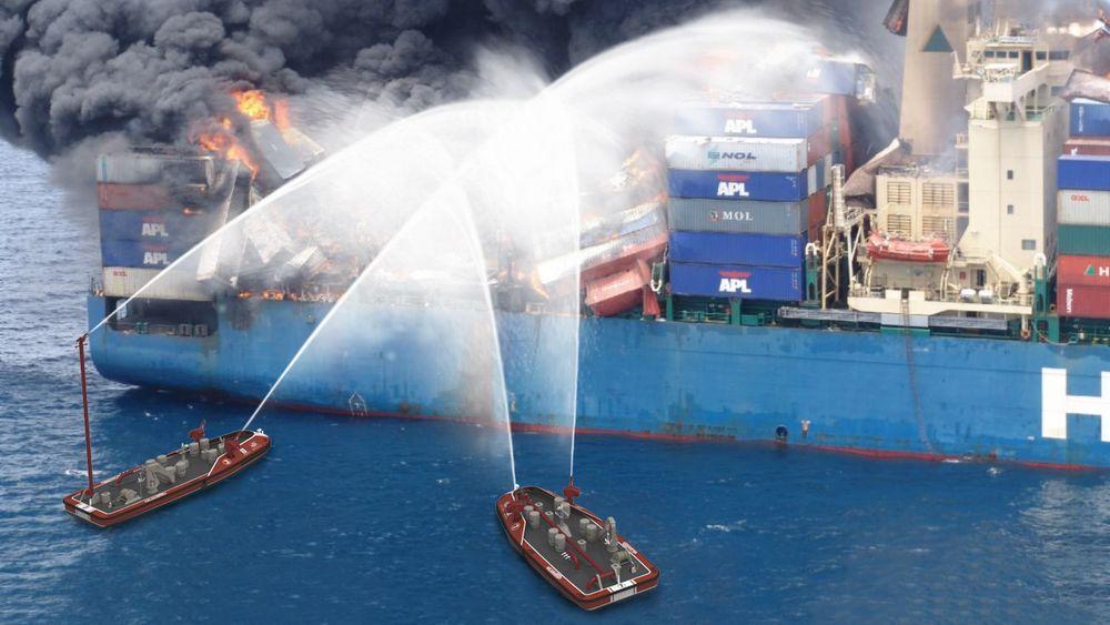 Illustrasjon viser hvordan fjernstyrte brannbåter kan komme tett på. En vannkanon festet på toppen av en lang mast sørger for bedre angrepsvinkel.