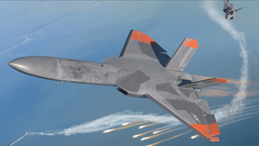 Illustrasjon av den nye 5GAT-måldronen sammen med et F-35.