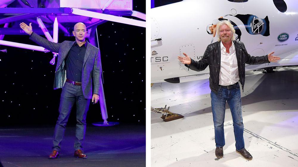 Jeff Bezos (t.v.) vil fly til verdensrommet 20. juli, på dagen 52 år etter den første månelandingen. Richard Branson satser på å slå Bezos med ti dager og sikter mot stjernene allerede på søndag.