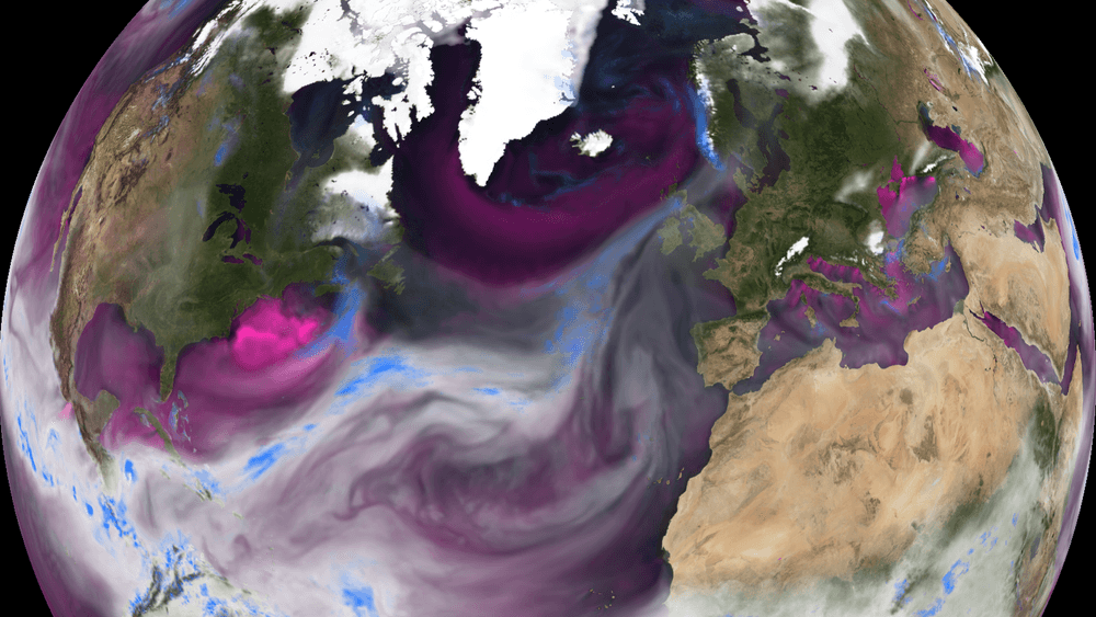 Illustrasjonen viser transport av varm og fuktig luft fra Karibia mot våre områder. Hvit farge angir mengde fuktighet i atmosfæren, blå farge viser store nedbørsmengder. Dette kartet viser atmosfæren under flommen på Vestlandet i oktober 2014, med store mengder nedbør langs norskekysten sør for Lofoten. 