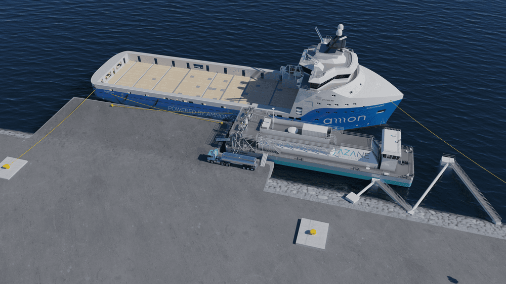 Det ammoniakkdrevne forsyningsskipet får stort dekksareal på 1100 m2. Amon Maritime og Econnect har utviklet bunkringslekter for ammoniakk. Yara skal levere ammoniakk.